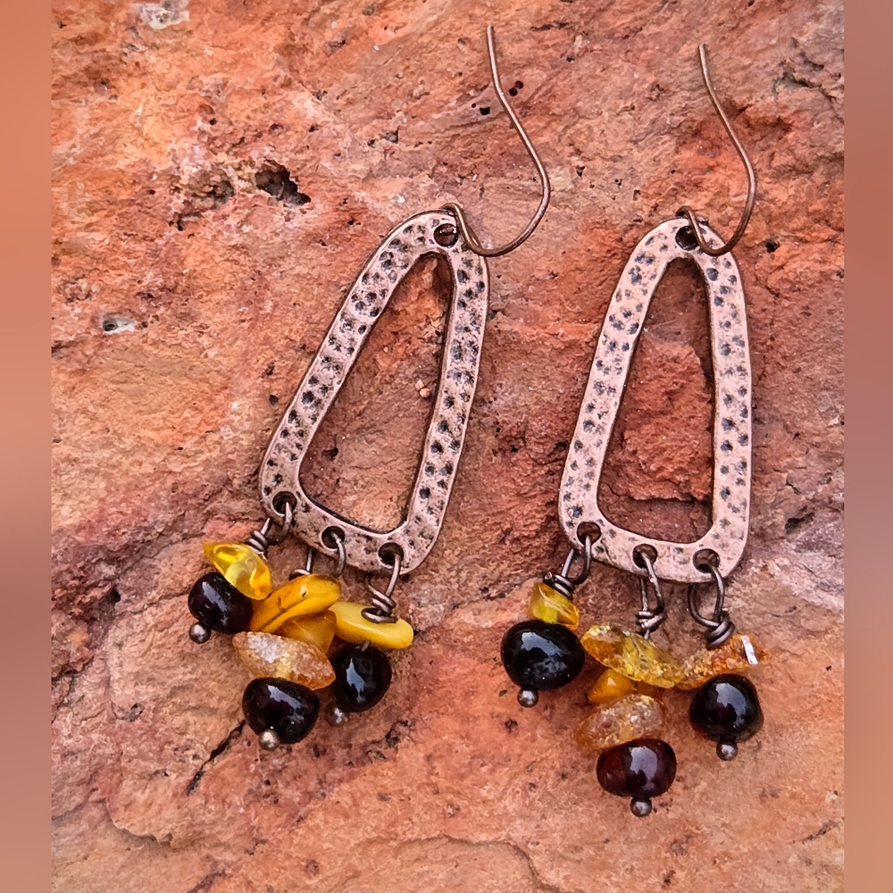 Celtic Inspired Natural Ambers In Weathered Hammered Earrings In Antique Copper